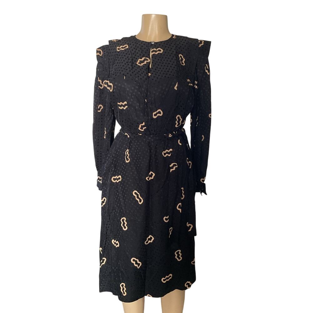 Vintage Argenti Black Silk Midi Dress Sz 10 Long Sleeve Polka Dot Made Hong Kong